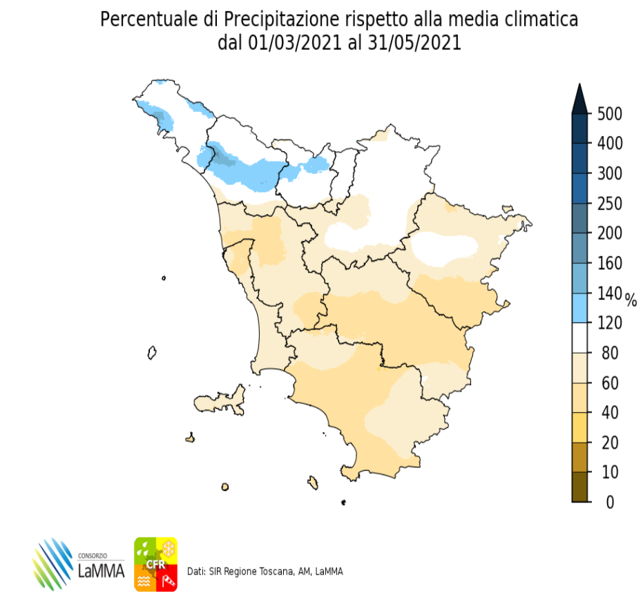 percentuale delle piogge rispetto alla media primavera 2021