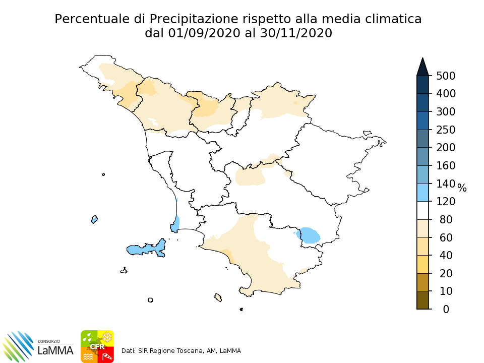 percentuale di precipitazione autunno 2020 rispetto al clima